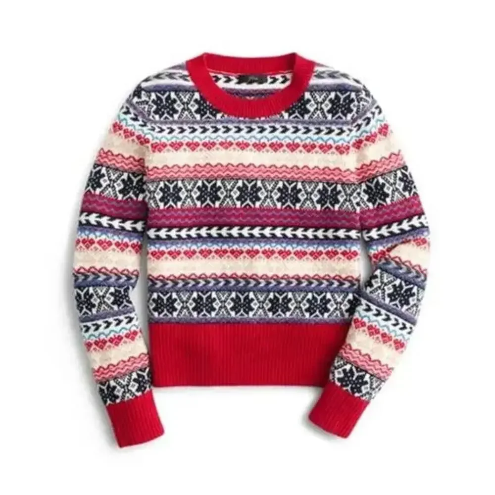 JCrew‎ Fair Isle Crewneck Lambs Wool Blend Sweater 2X Red Navy Winter Christmas